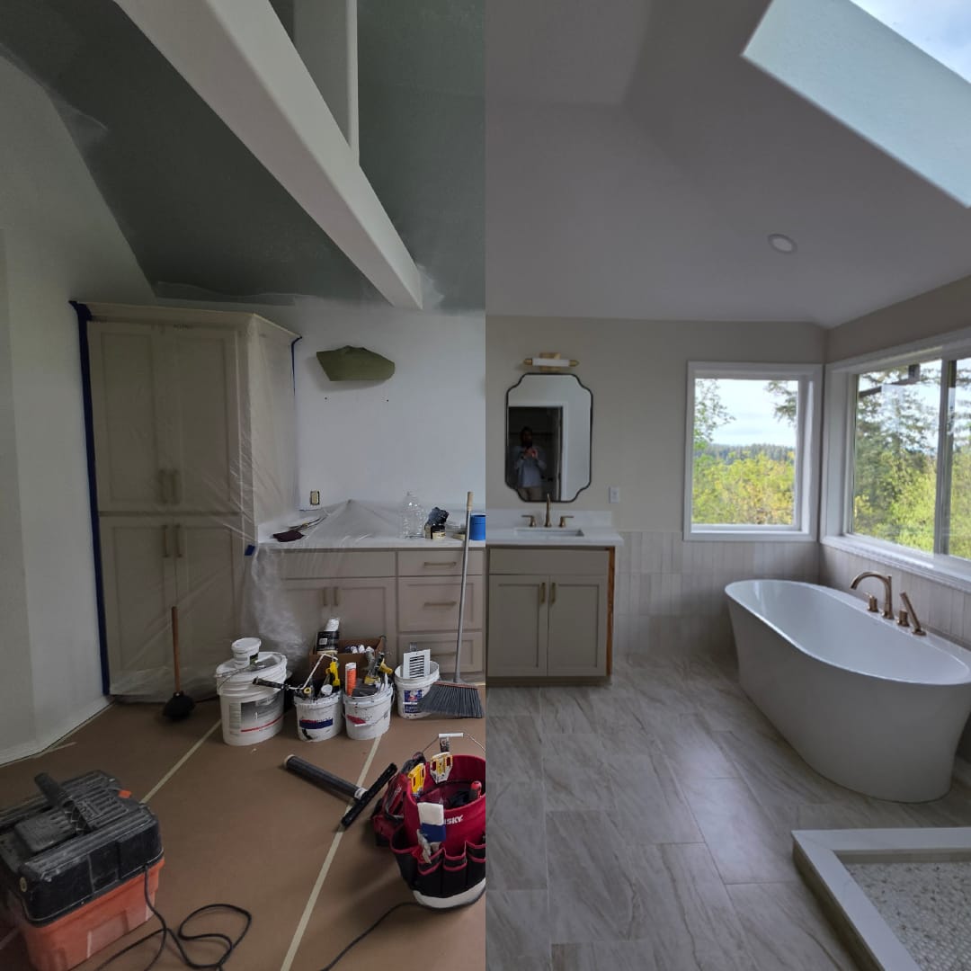 Bathroom project composite showing the space during prep and after completion with a freestanding tub