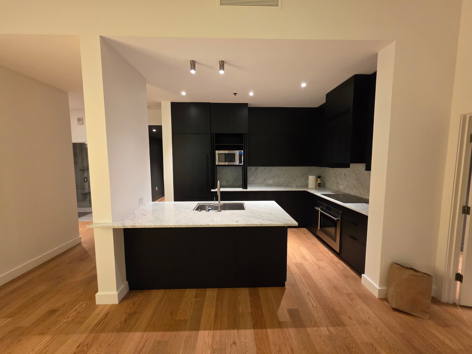 Modern kitchen with matte black refinished cabinetry and white stone countertops