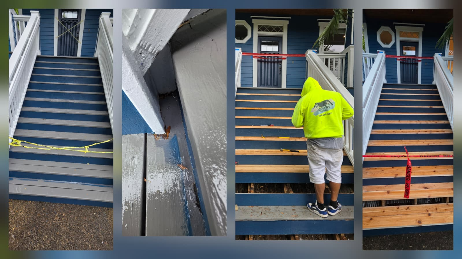 Composite of exterior stair carpentry work in progress on a navy blue home