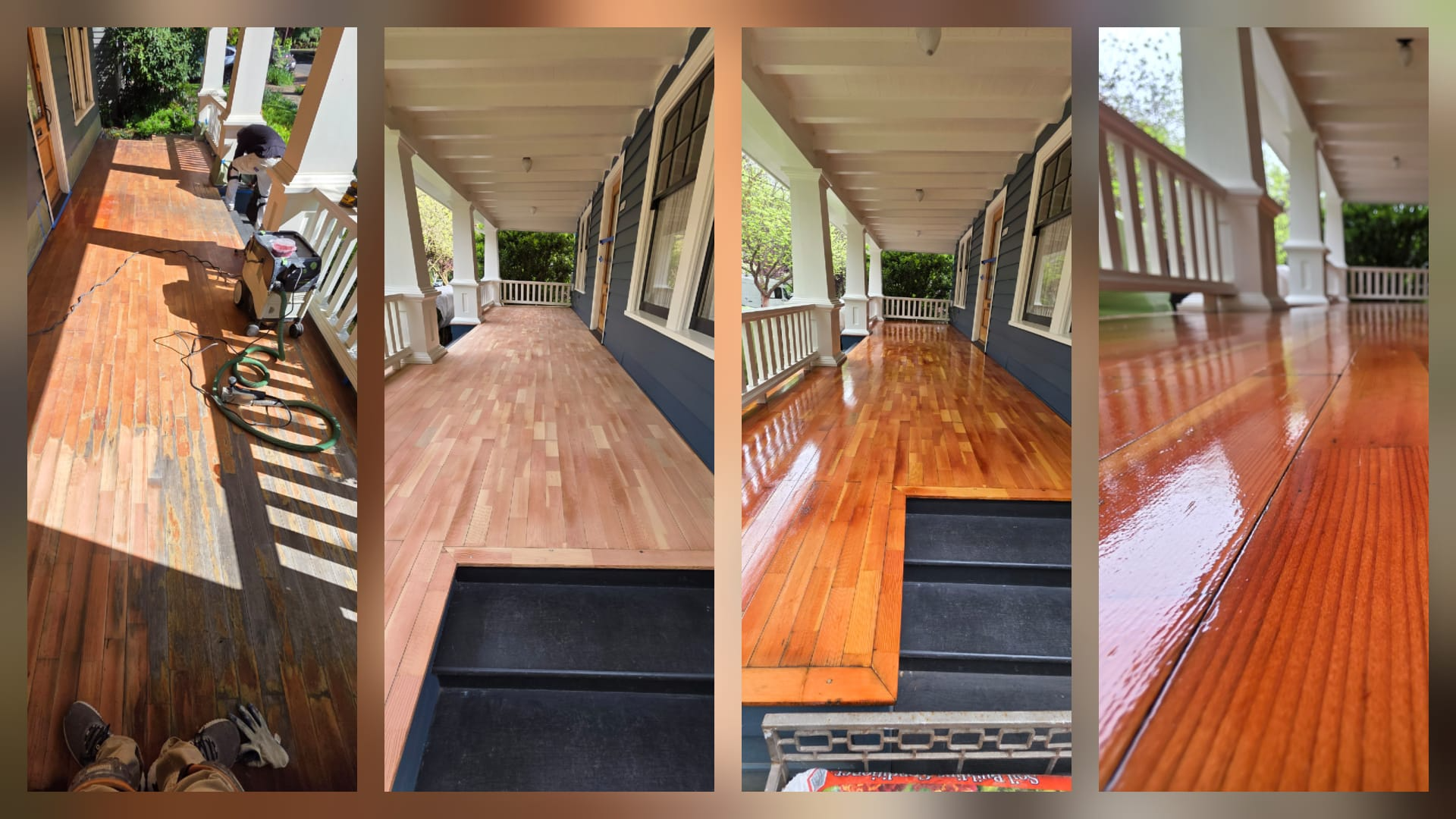 Composite showing porch wood floor sanded, stained, and finished to a rich glossy sheen